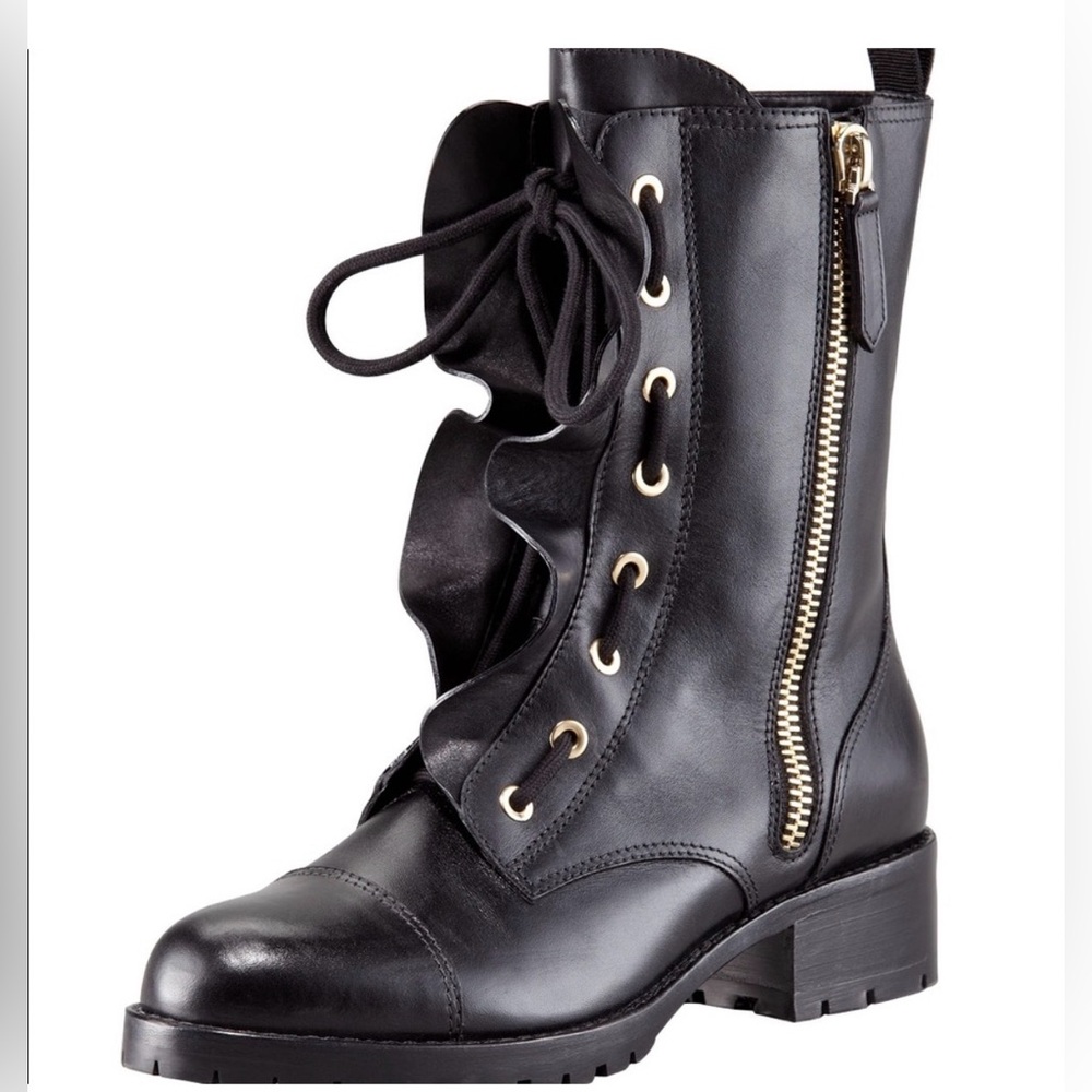 Valentino Black Ruffled Laceup Biker Boot 37/ 6.5